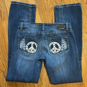 PETROL Jeans Low Rise Boot Cut Distress Peace Sign Angel Wing Embellish 6/33.5L